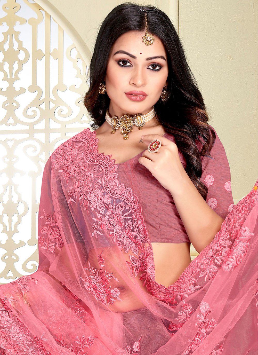 Contemporary Net Pink Embroidered Saree