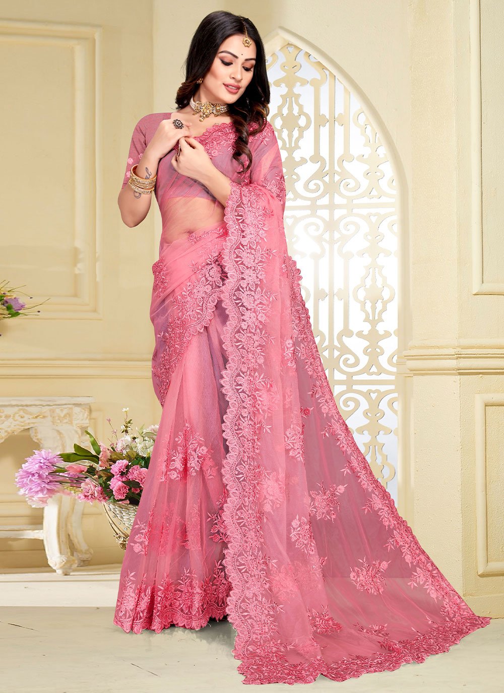 Contemporary Net Pink Embroidered Saree