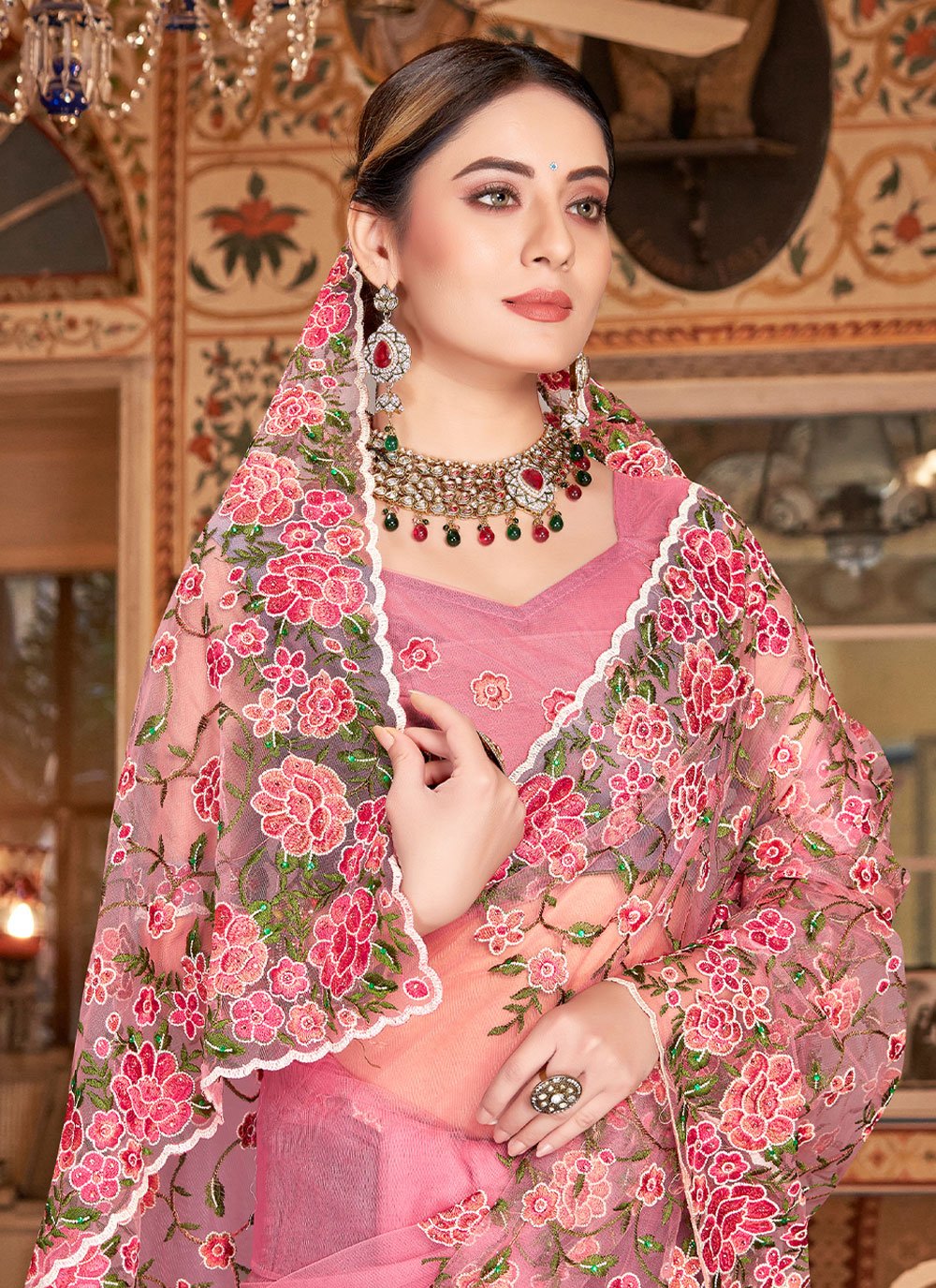 Contemporary Net Pink Embroidered Saree