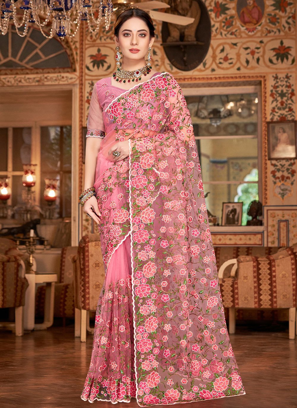 Contemporary Net Pink Embroidered Saree