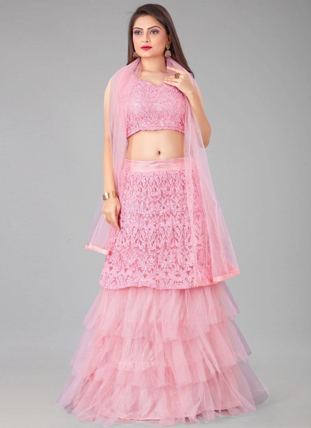 Lehenga Choli Net Pink Embroidered Lehenga Choli