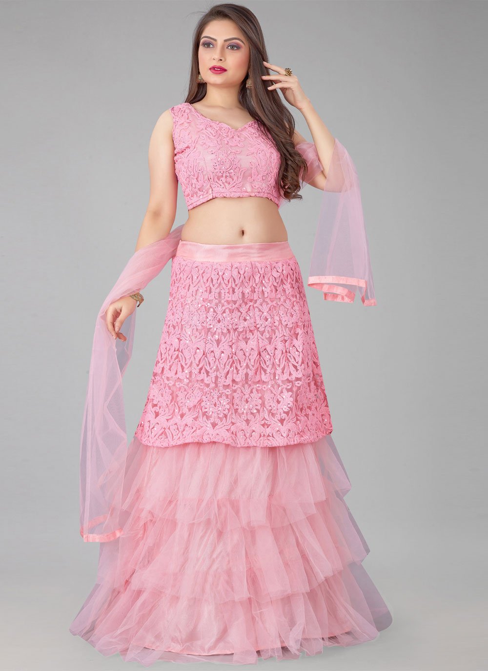 Lehenga Choli Net Pink Embroidered Lehenga Choli