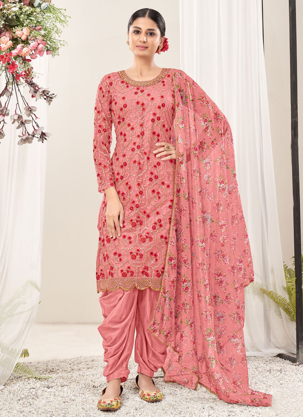 Punjabi Salwar Suit Net Pink Embroidered Salwar Kameez