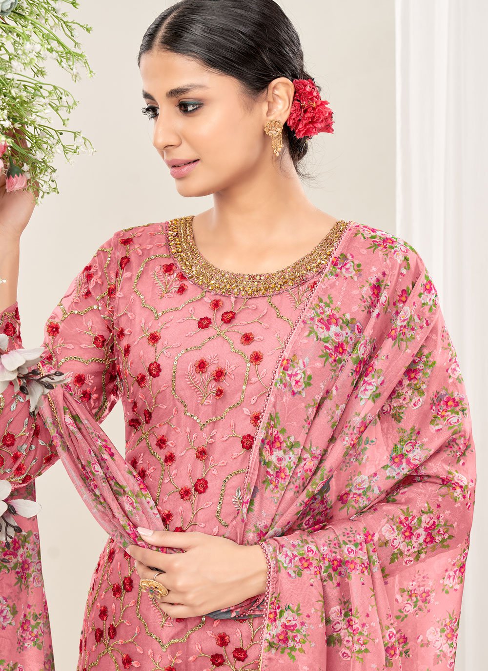 Punjabi Salwar Suit Net Pink Embroidered Salwar Kameez