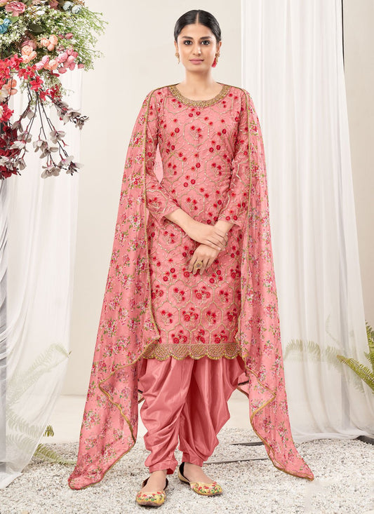 Punjabi Salwar Suit Net Pink Embroidered Salwar Kameez