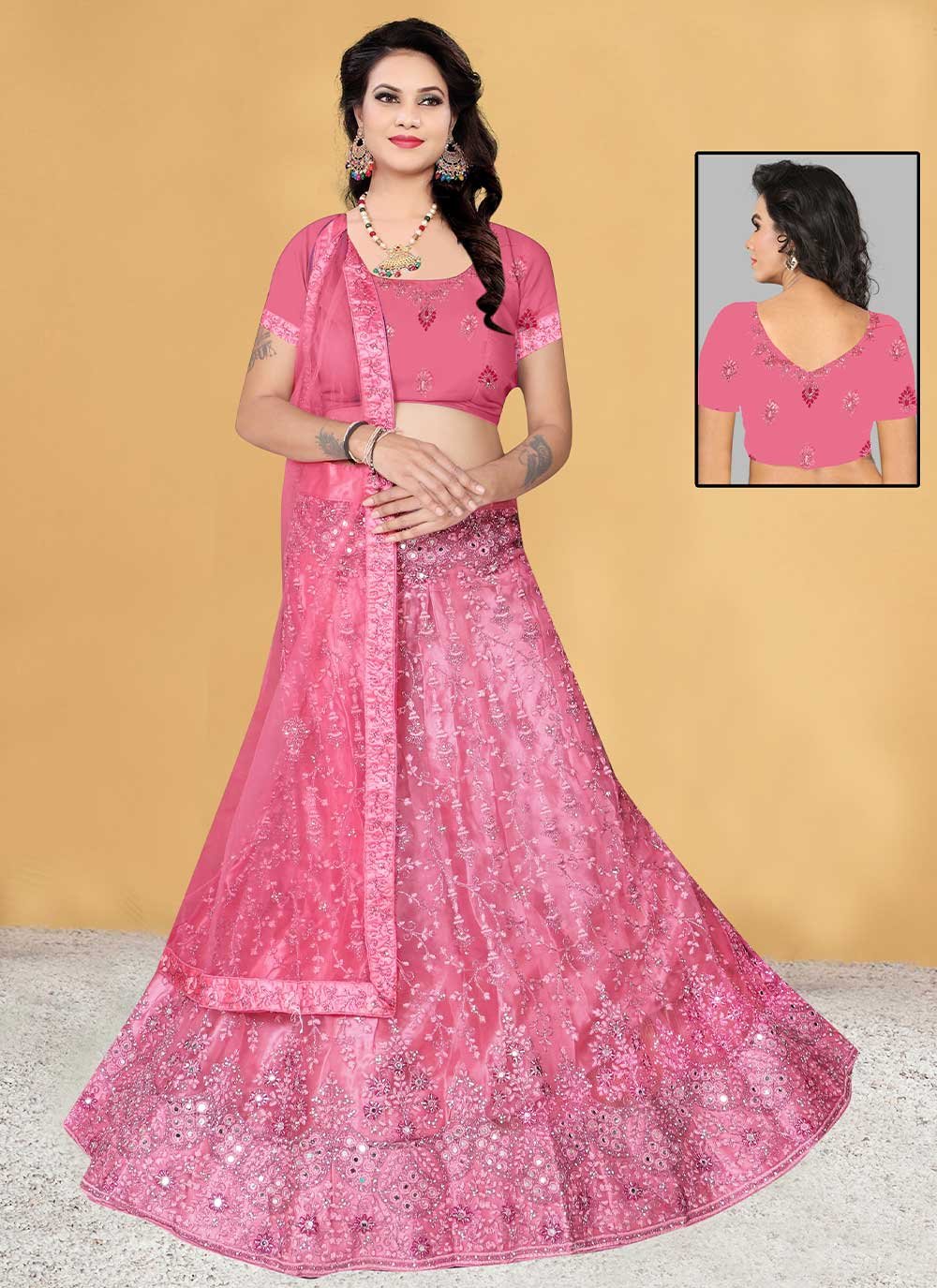 Lehenga Choli Net Pink Embroidered Lehenga Choli