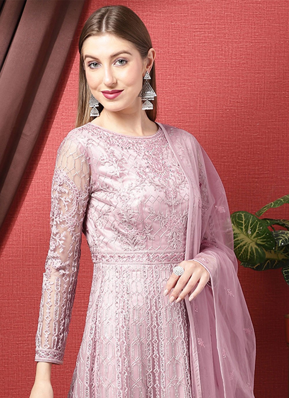 Floor Lenght Salwar Suit Net Pink Embroidered Salwar Kameez