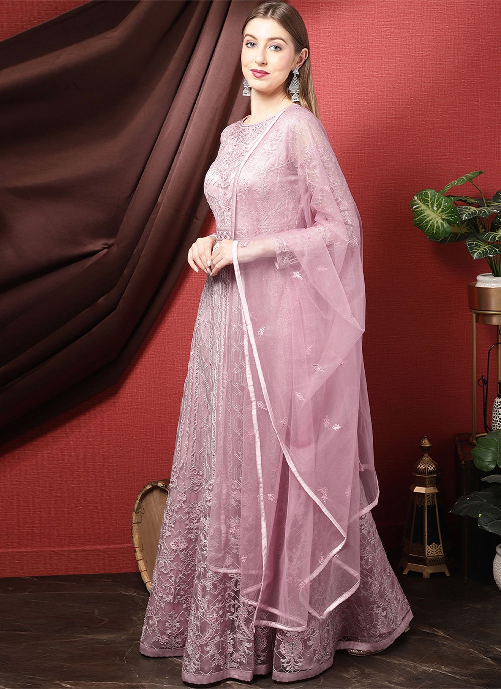 Floor Lenght Salwar Suit Net Pink Embroidered Salwar Kameez