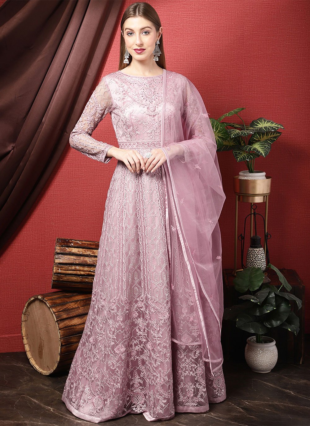 Floor Lenght Salwar Suit Net Pink Embroidered Salwar Kameez