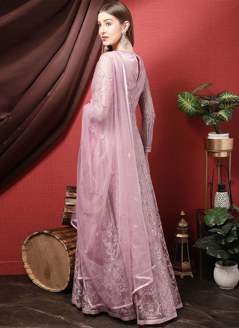 Floor Lenght Salwar Suit Net Pink Embroidered Salwar Kameez