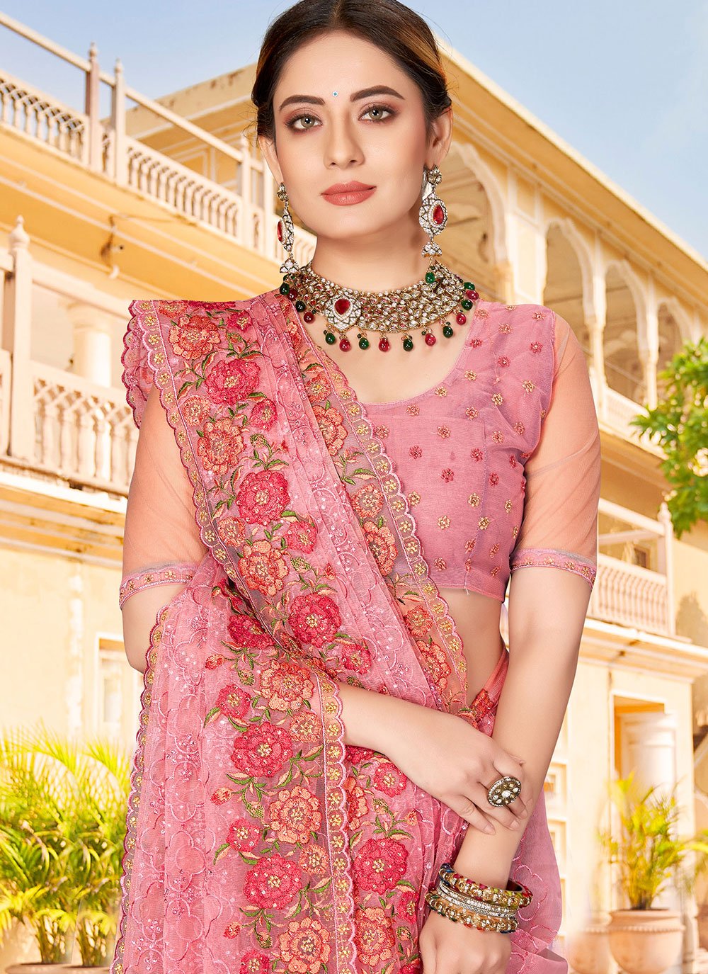 Trendy Saree Net Pink Embroidered Saree