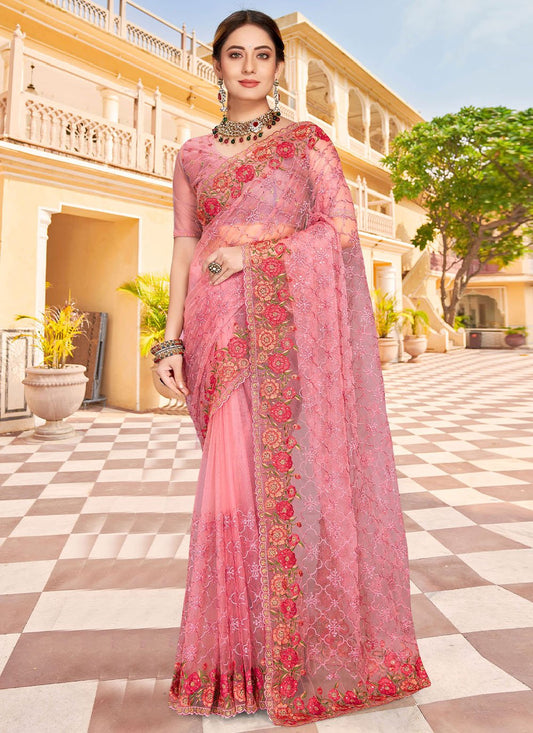 Trendy Saree Net Pink Embroidered Saree