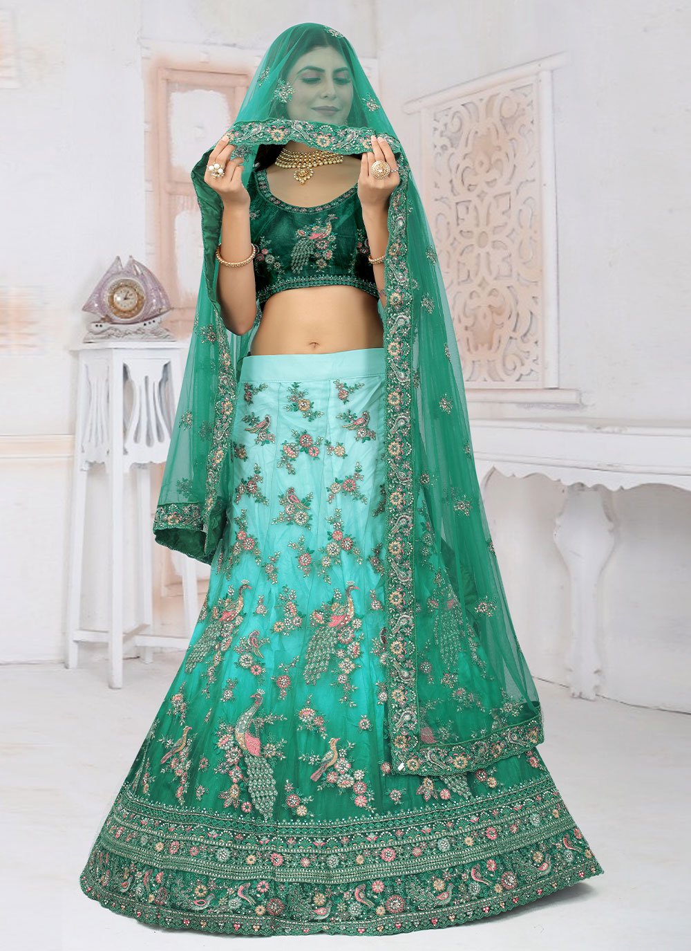 A Line Lehenga Net Rama Embroidered Lehenga Choli