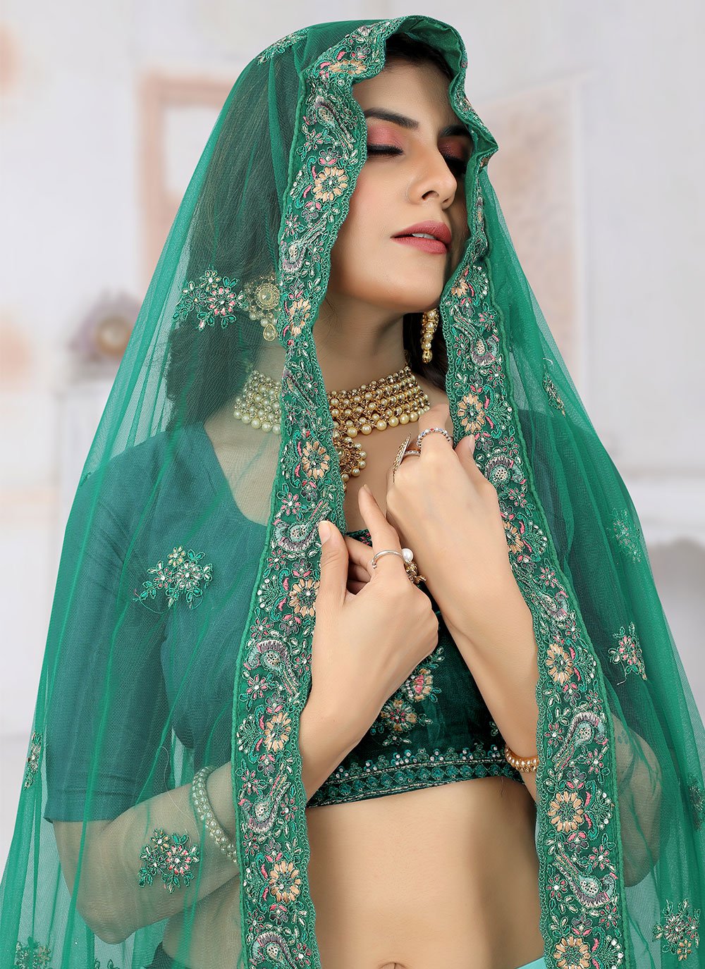 A Line Lehenga Net Rama Embroidered Lehenga Choli