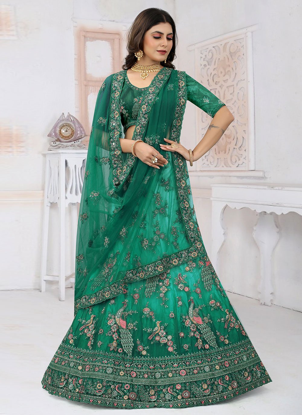 A Line Lehenga Net Rama Embroidered Lehenga Choli