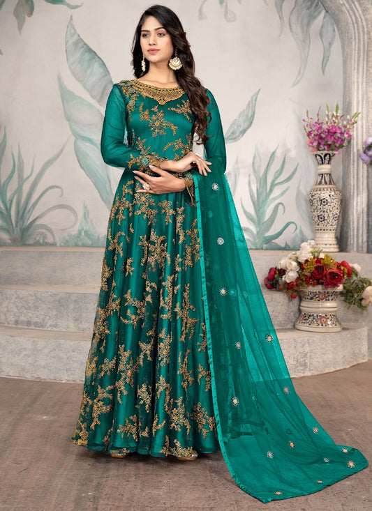 Anarkali Suit Net Rama Embroidered Salwar Kameez