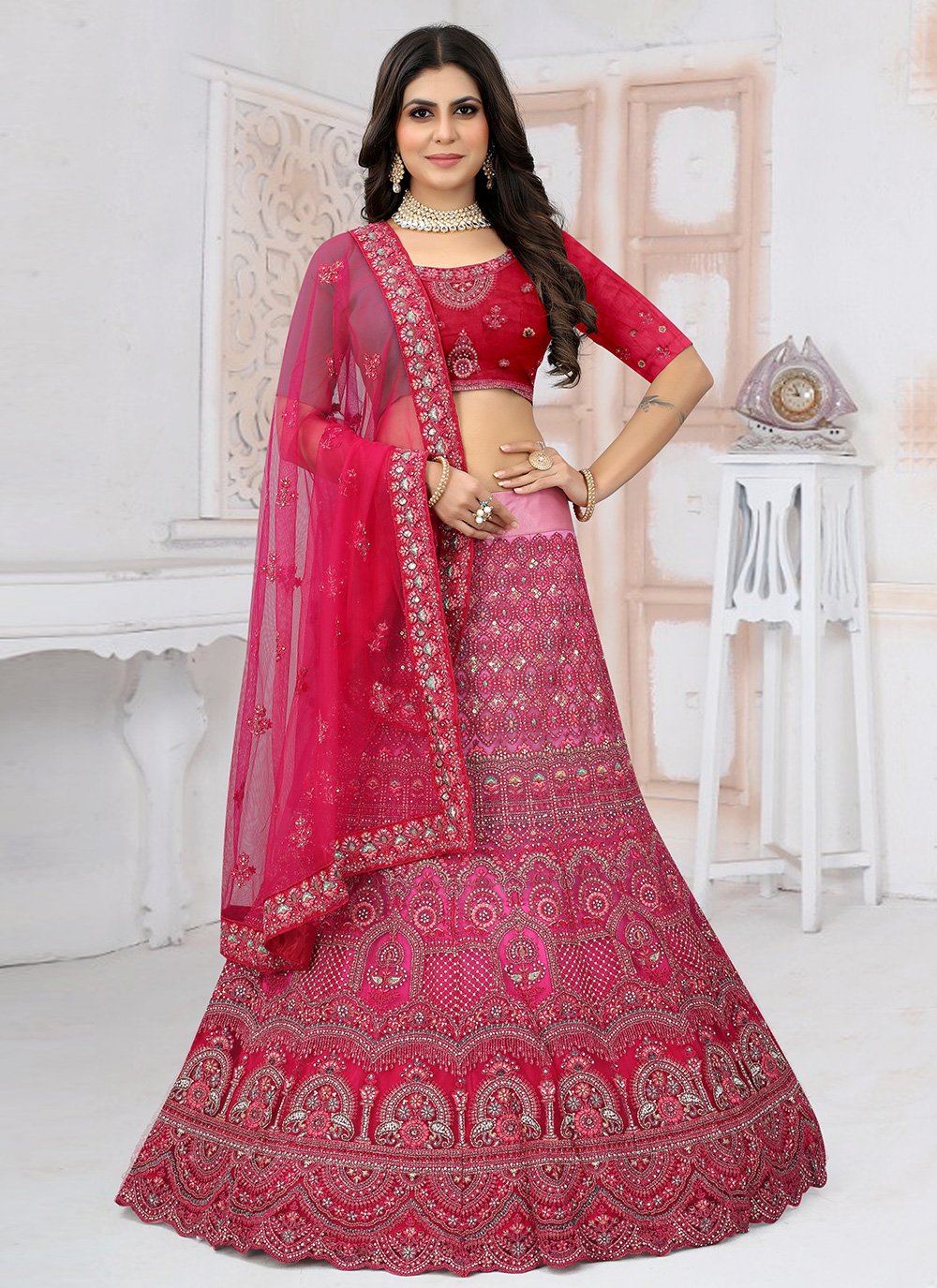 Readymade Lehenga Choli Net Rani Embroidered Lehenga Choli