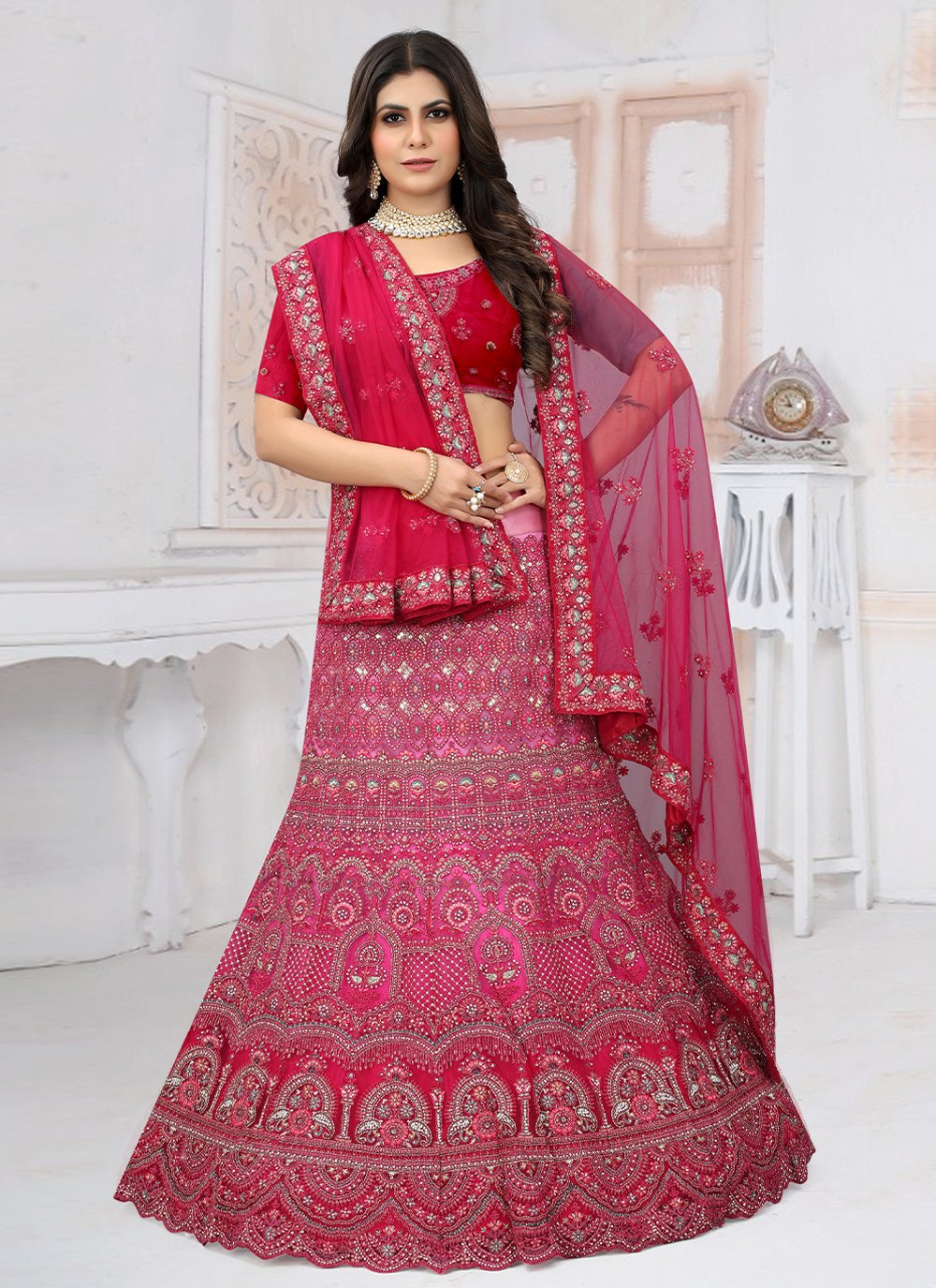 Readymade Lehenga Choli Net Rani Embroidered Lehenga Choli