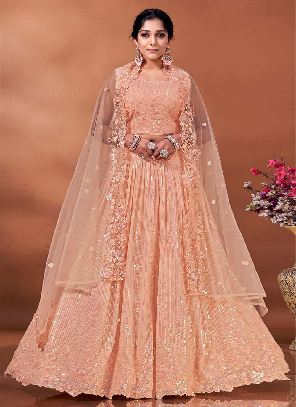 Readymade Lehenga Choli Net Peach Embroidered Lehenga Choli