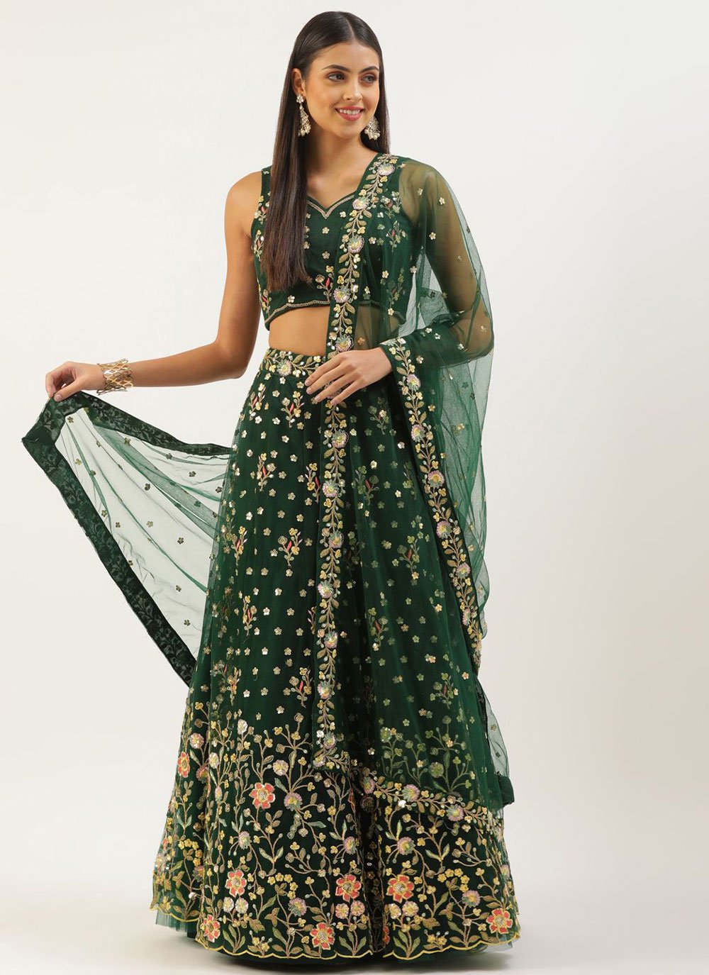 A Line Lehenga Net Green Embroidered Lehenga Choli