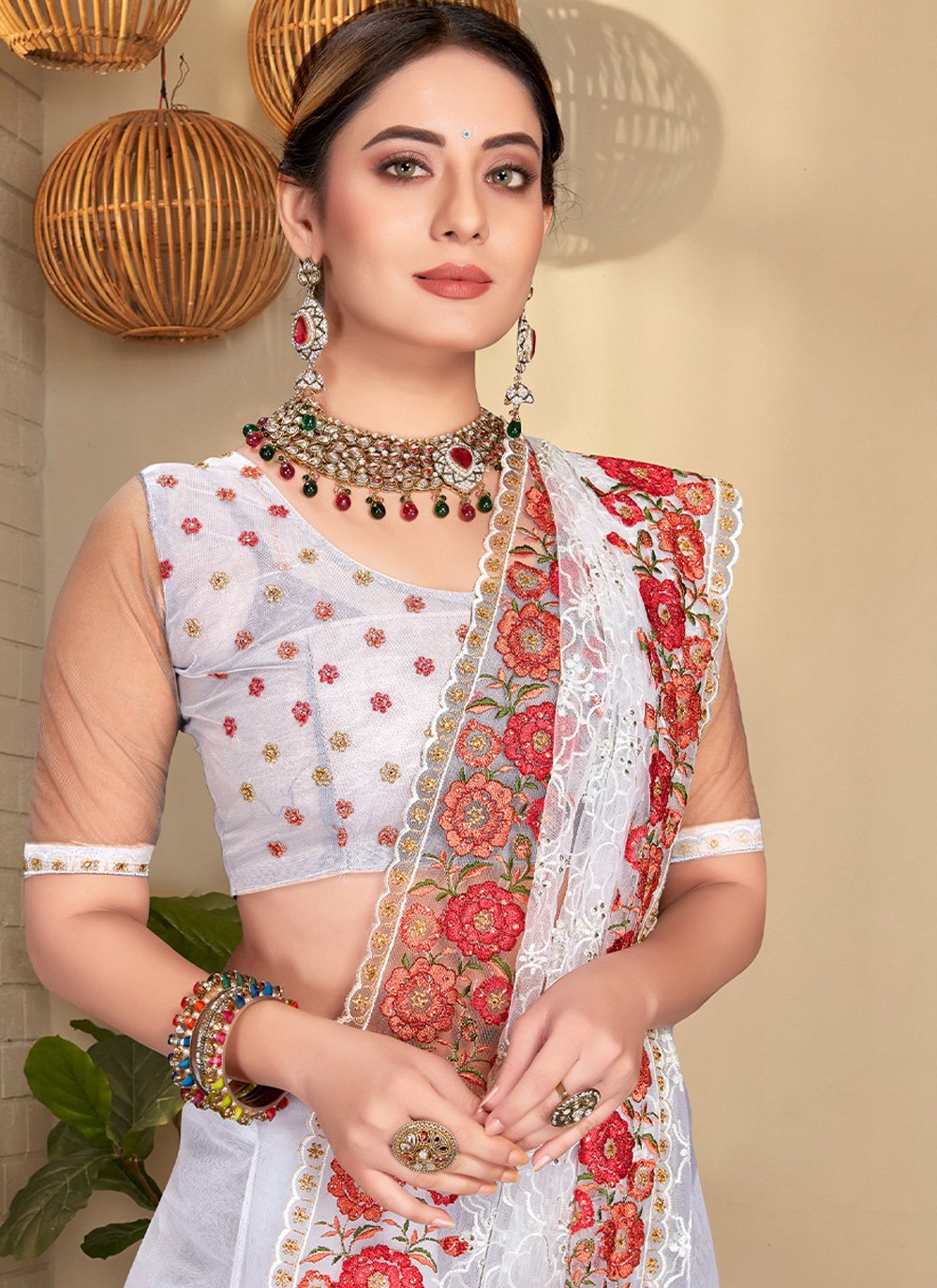 Contemporary Net White Embroidered Saree