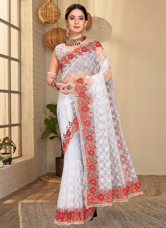 Contemporary Net White Embroidered Saree