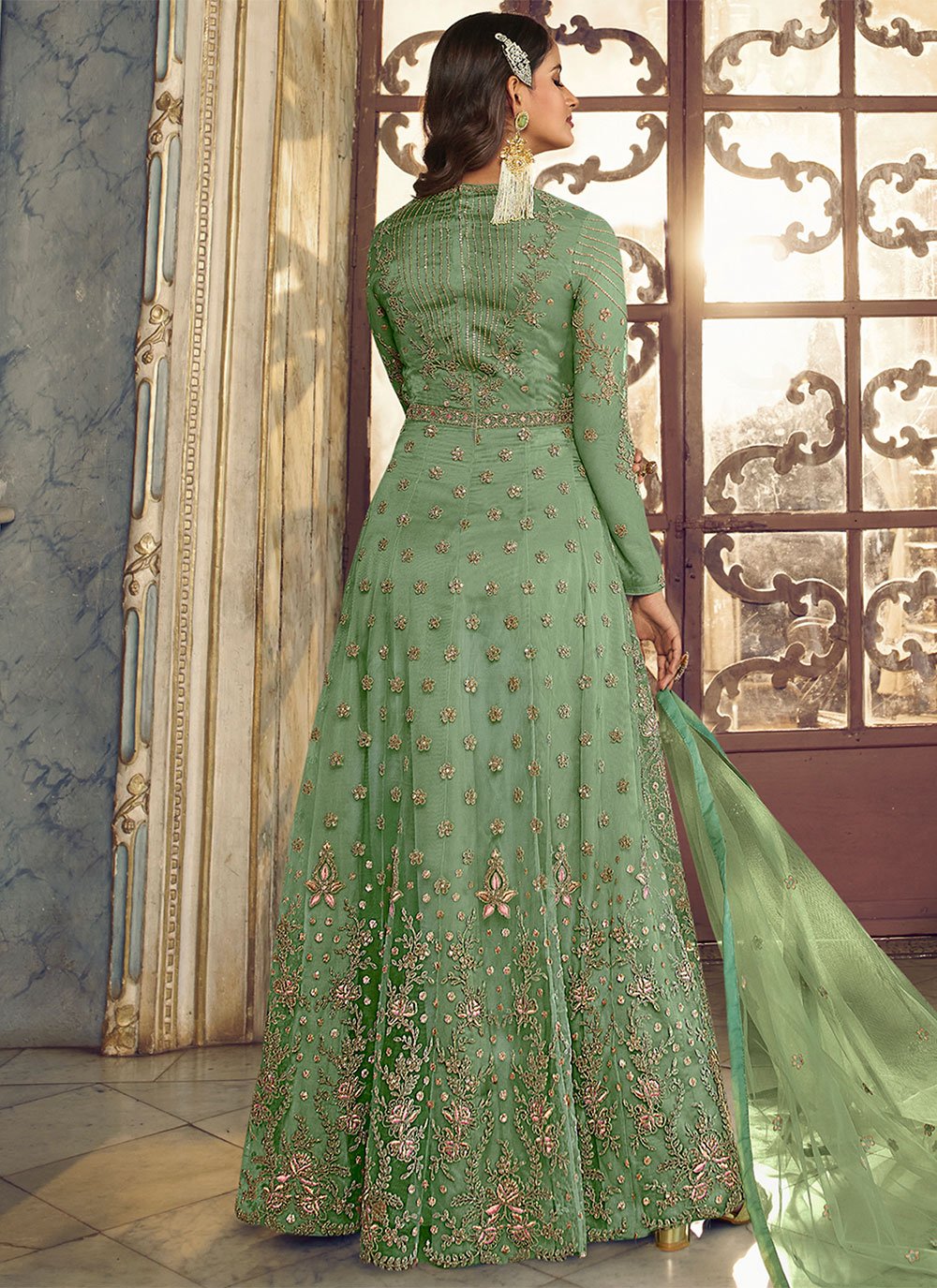 Salwar Suit Net Green Embroidered Salwar Kameez