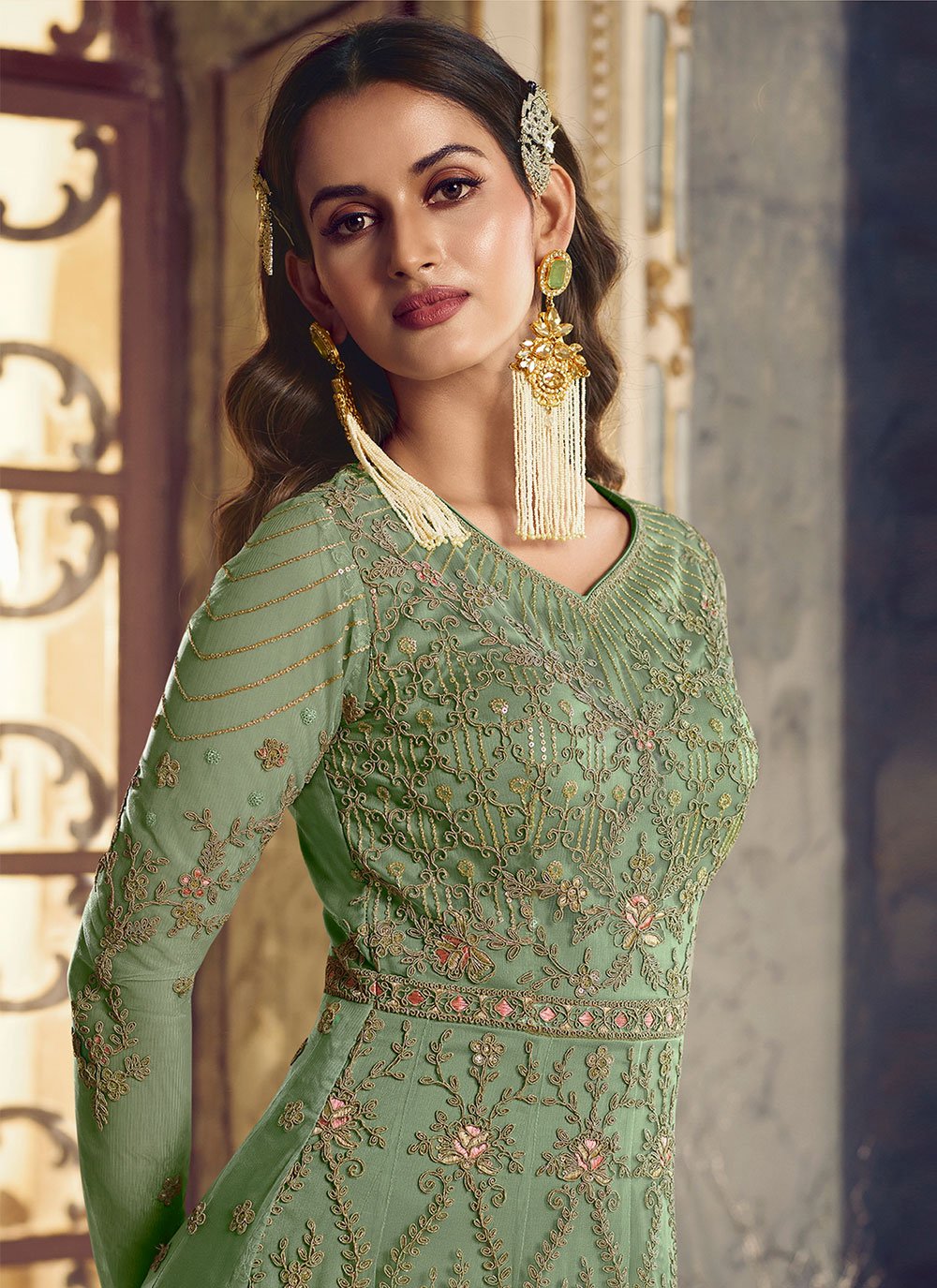 Salwar Suit Net Green Embroidered Salwar Kameez