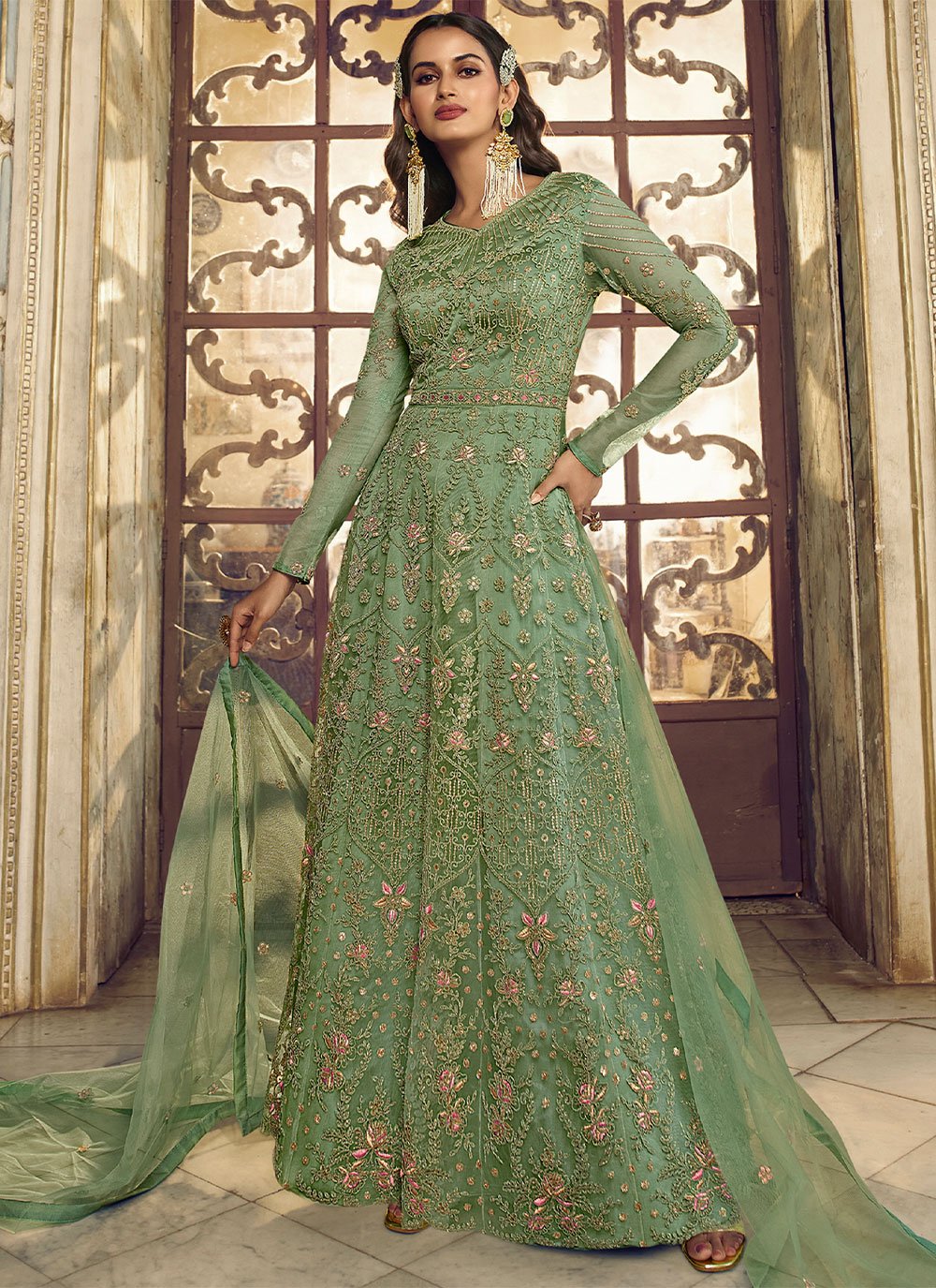 Salwar Suit Net Green Embroidered Salwar Kameez