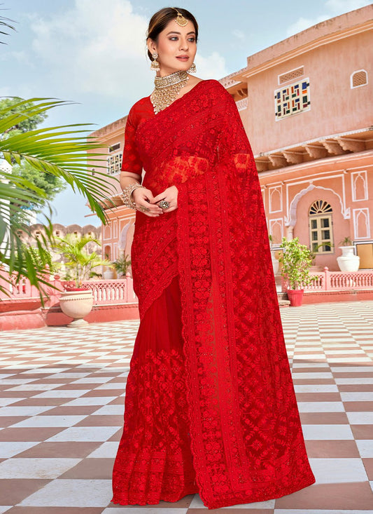 Classic Net Red Embroidered Saree