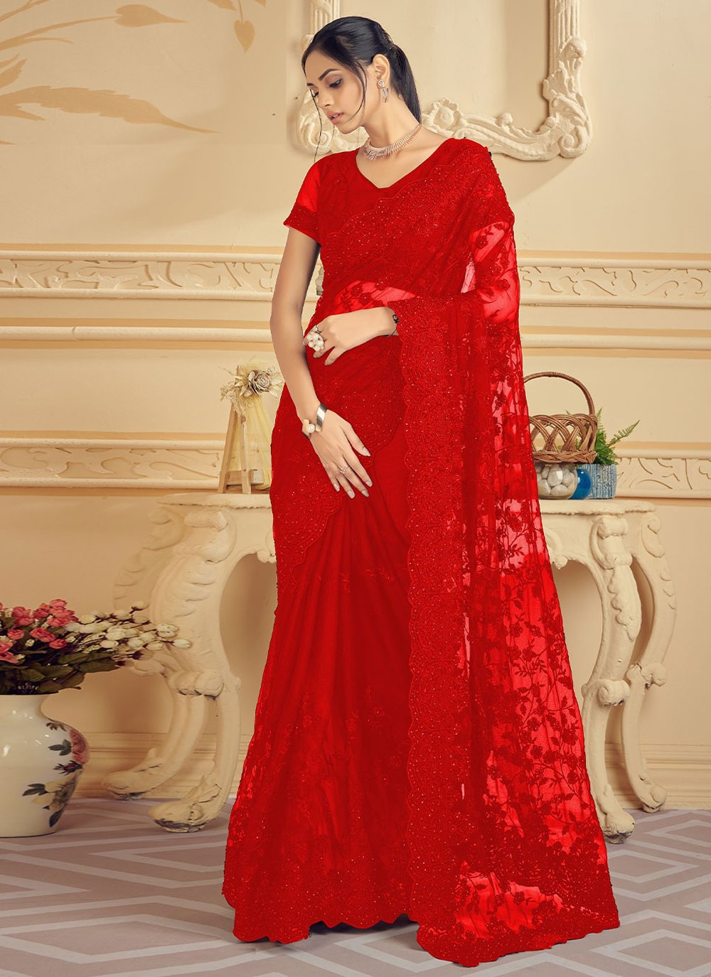 Trendy Saree Net Red Embroidered Saree