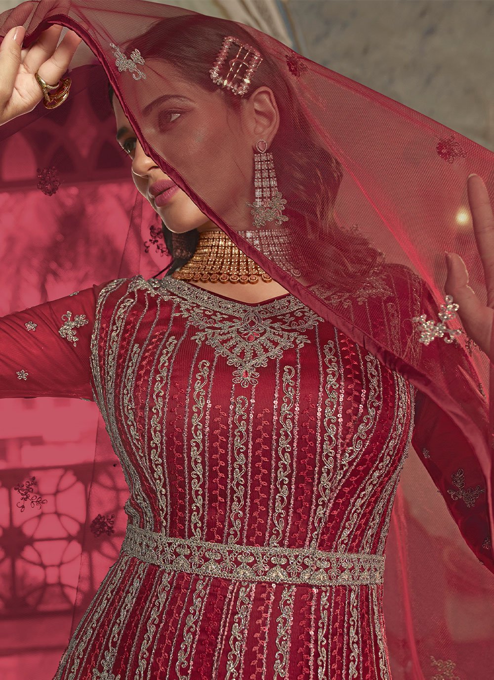 Anarkali Suit Net Maroon Embroidered Salwar Kameez