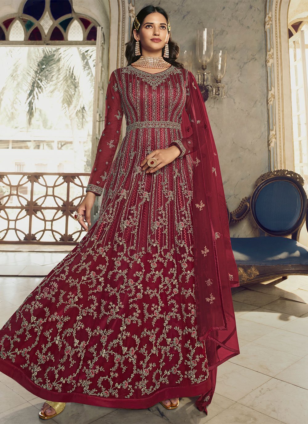 Anarkali Suit Net Maroon Embroidered Salwar Kameez