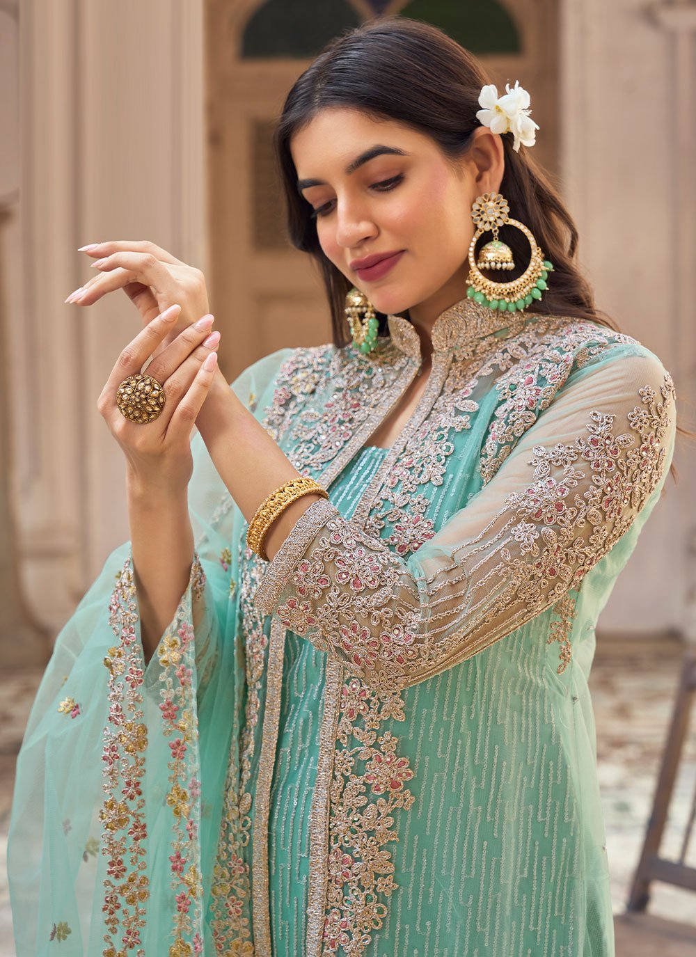 Jacket Style Suit Net Sea Green Embroidered Salwar Kameez