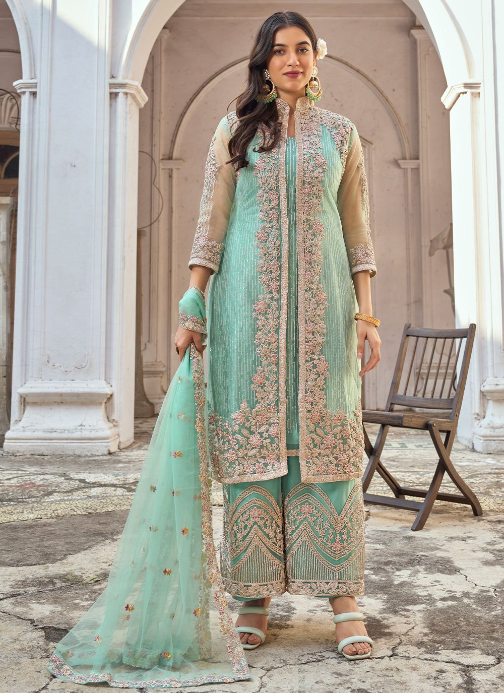 Jacket Style Suit Net Sea Green Embroidered Salwar Kameez Kajols Indian Pakistani Fashion Tailoring