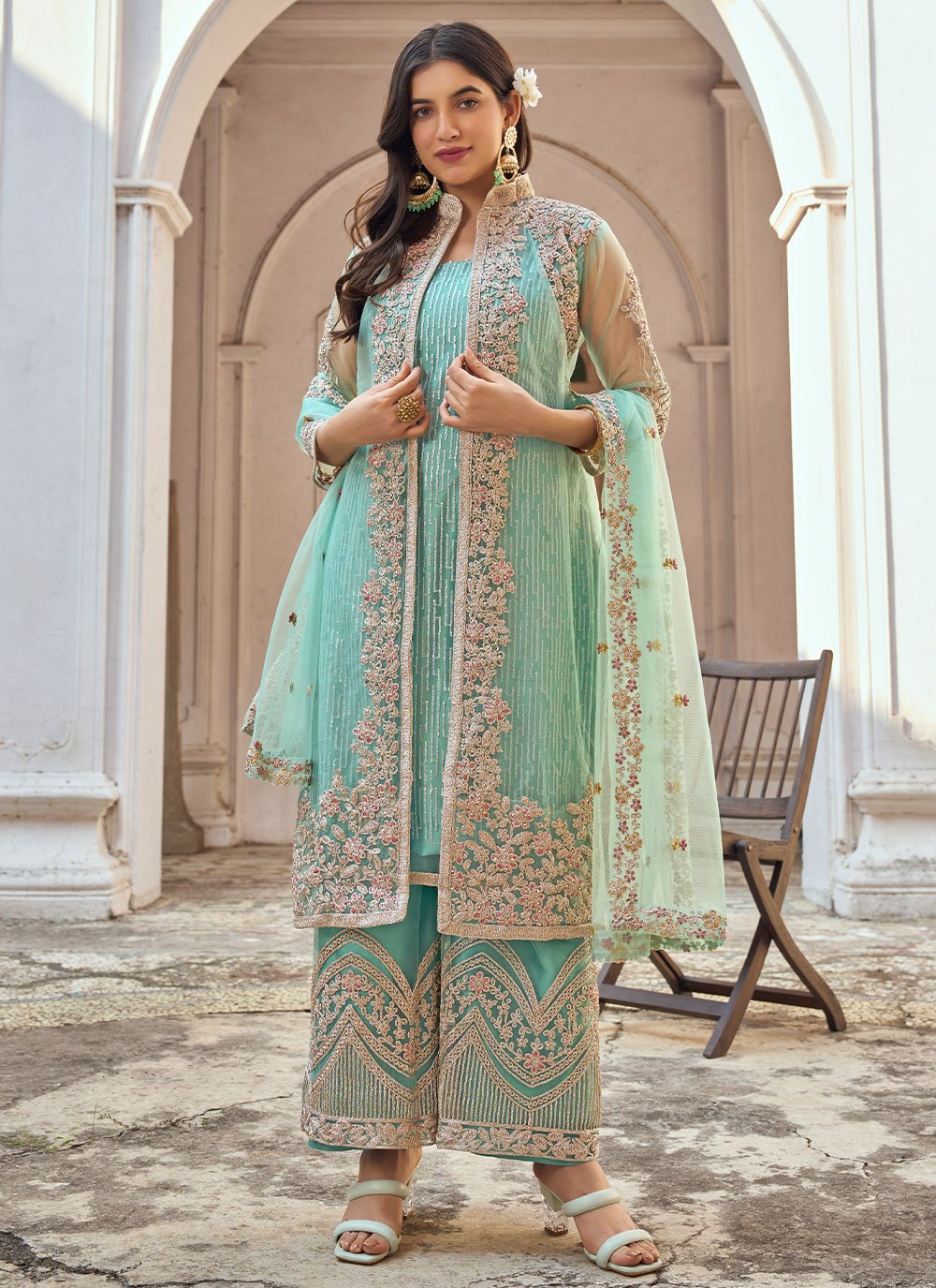 Jacket Style Suit Net Sea Green Embroidered Salwar Kameez