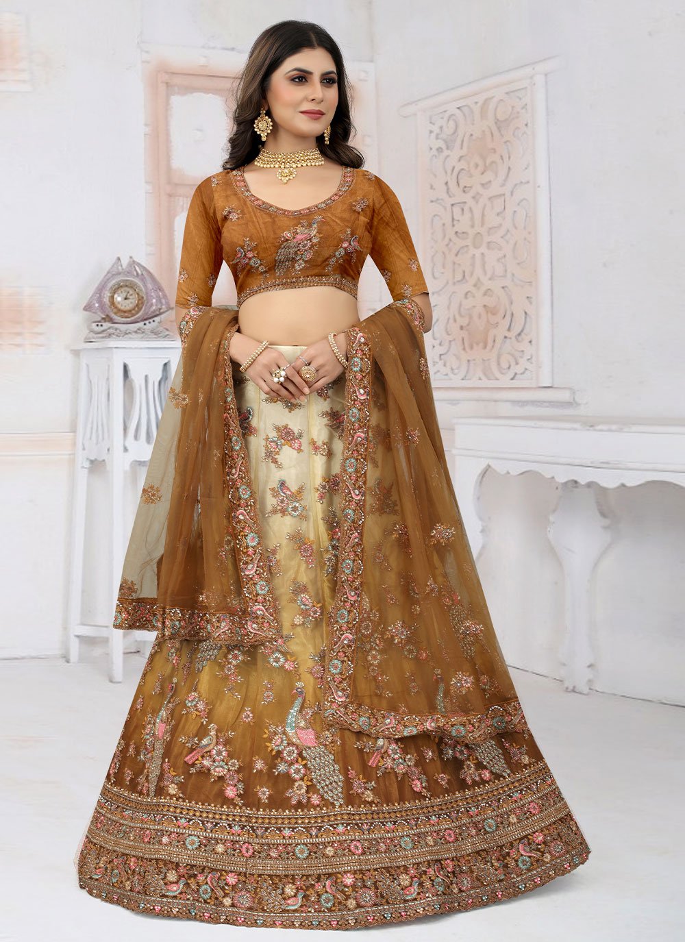 Lehenga Choli Net Mustard Embroidered Lehenga Choli