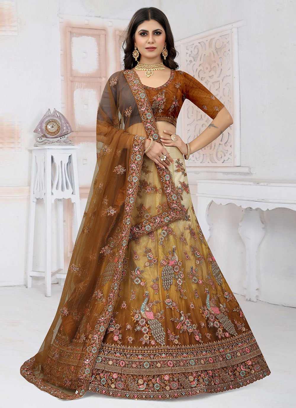 Lehenga Choli Net Mustard Embroidered Lehenga Choli