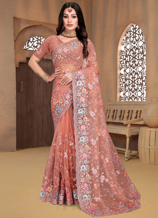 Contemporary Net Peach Cord Work Saree