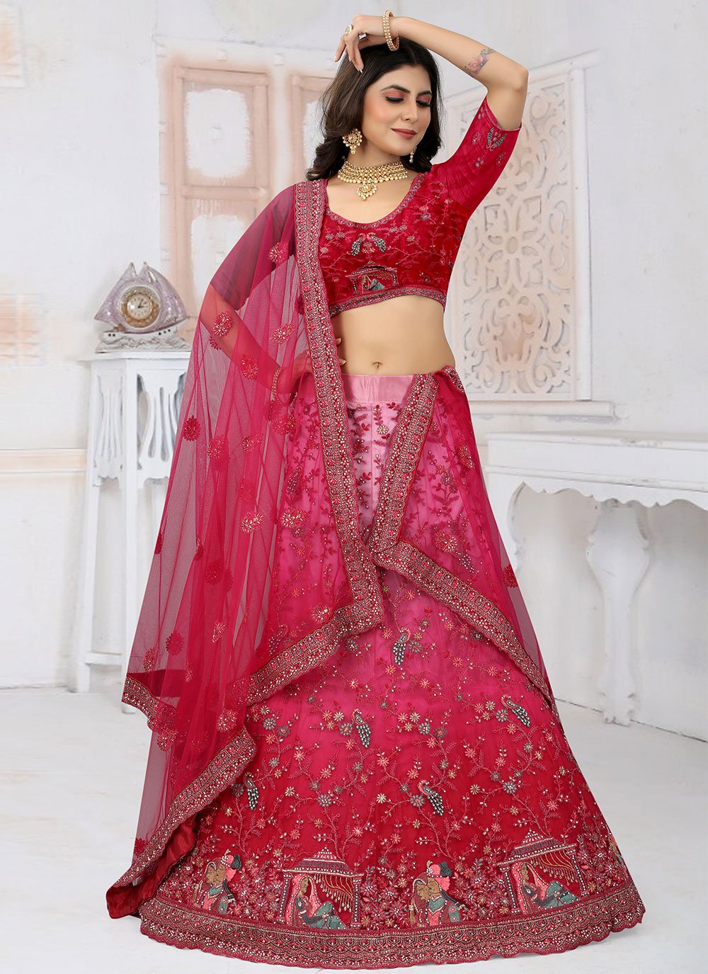 A Line Lehenga Net Rani Embroidered Lehenga Choli