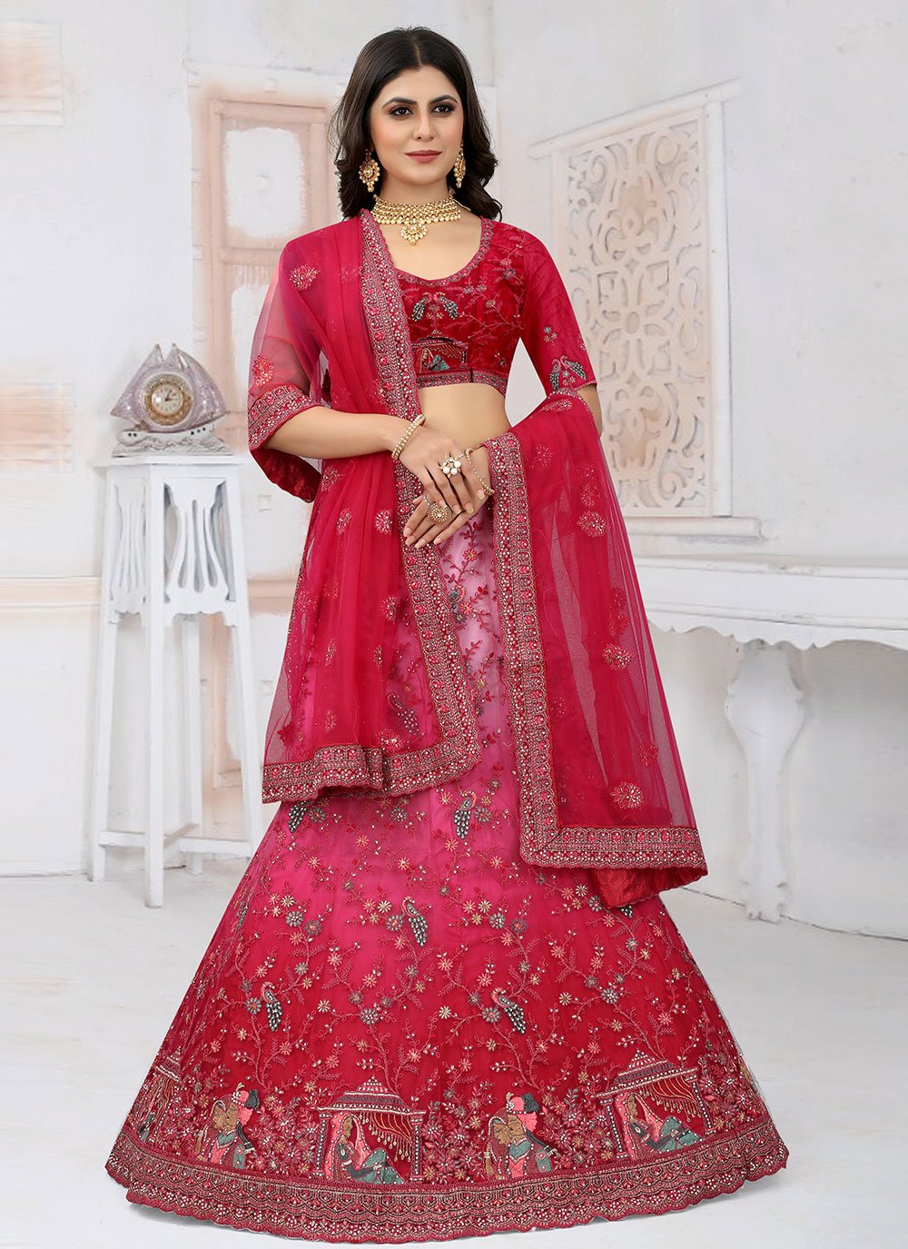 A Line Lehenga Net Rani Embroidered Lehenga Choli