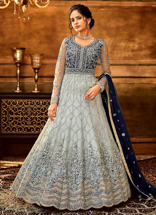 Salwar Suit Net Aqua Blue Embroidered Salwar Kameez