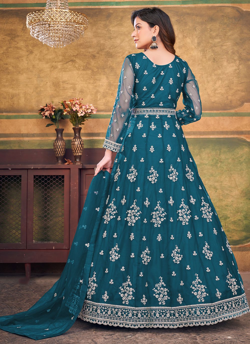 Anarkali Suit Net Teal Embroidered Salwar Kameez