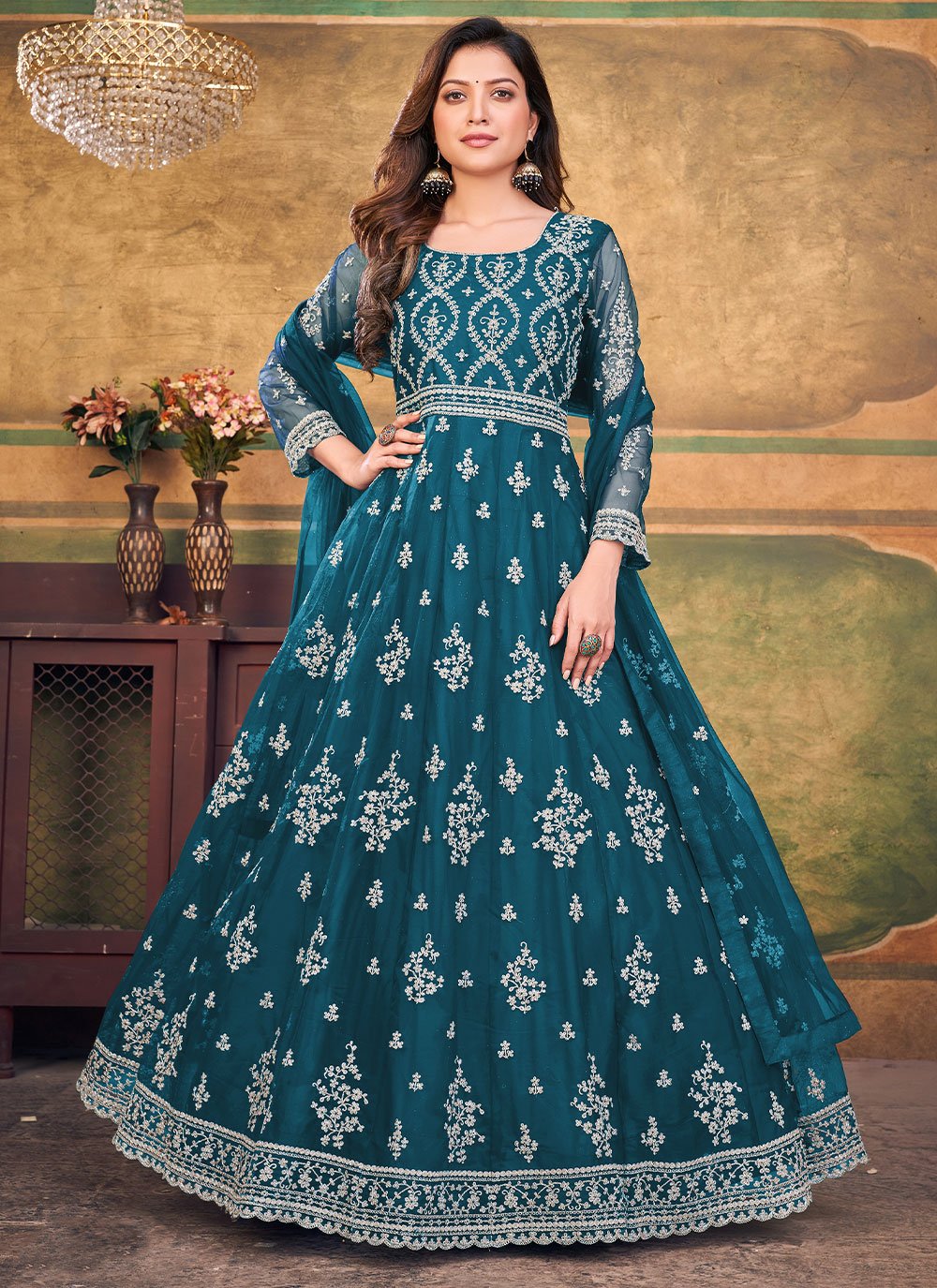 Anarkali Suit Net Teal Embroidered Salwar Kameez