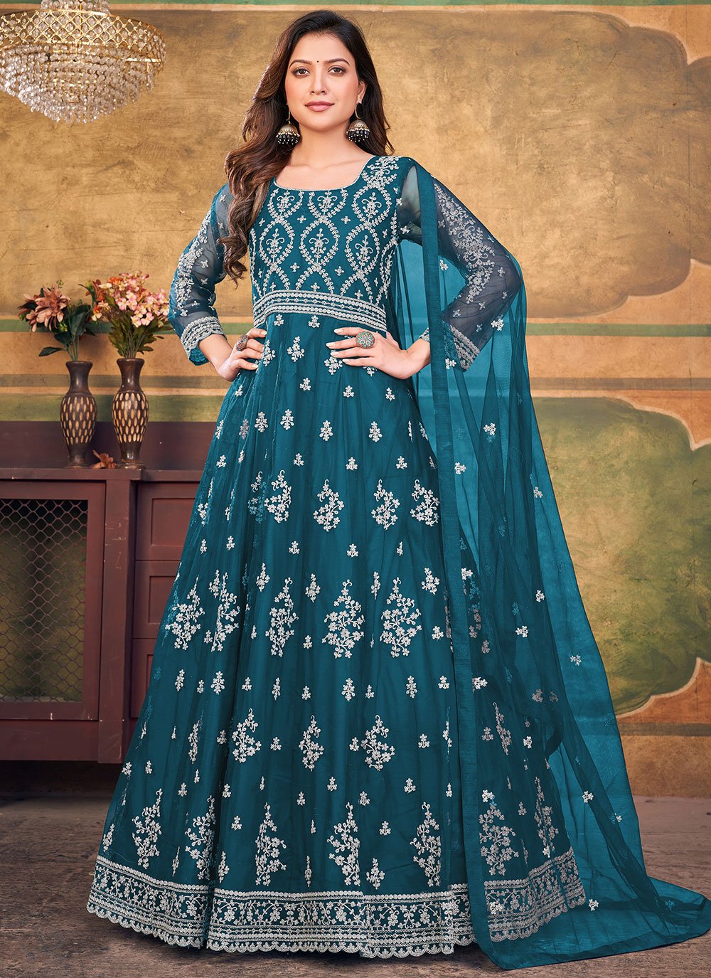 Anarkali Suit Net Teal Embroidered Salwar Kameez