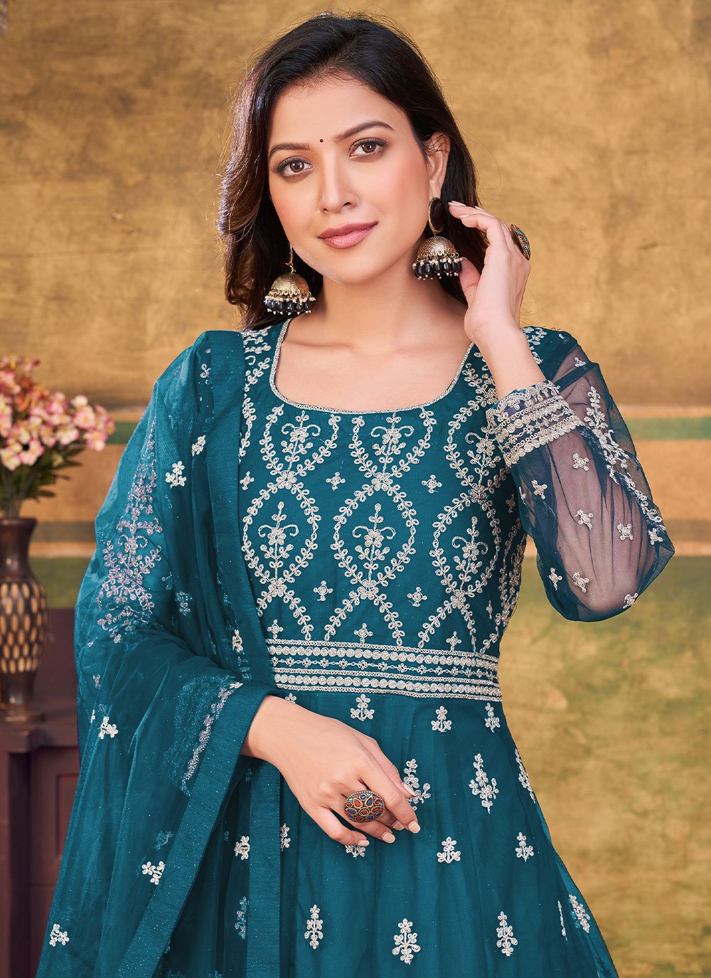 Anarkali Suit Net Teal Embroidered Salwar Kameez