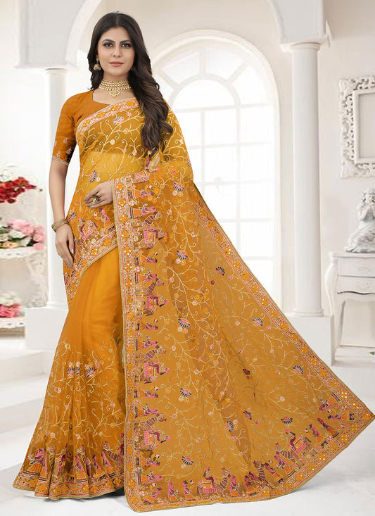 Classic Net Yellow Embroidered Saree