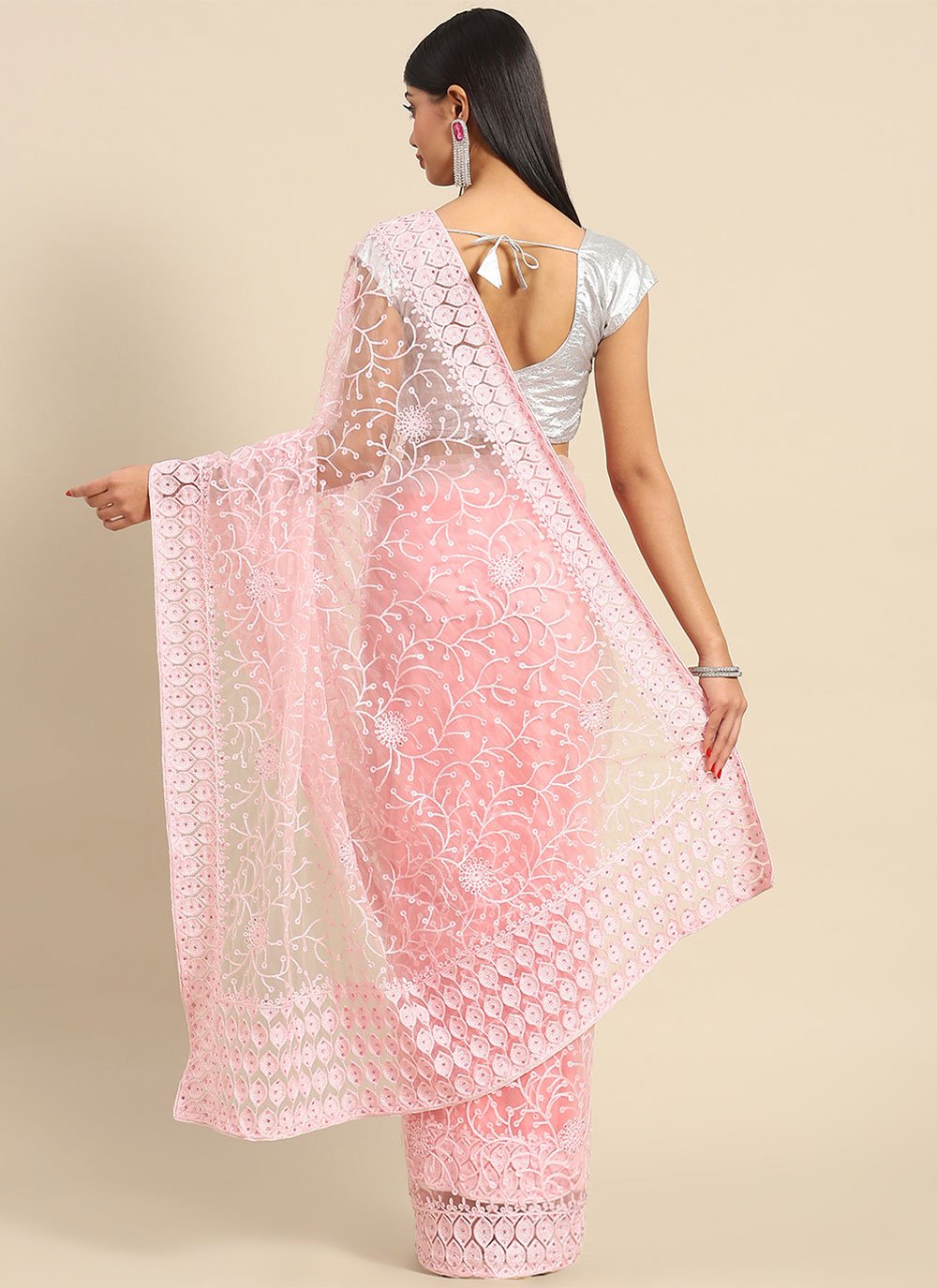 Contemporary Net Pink Embroidered Saree