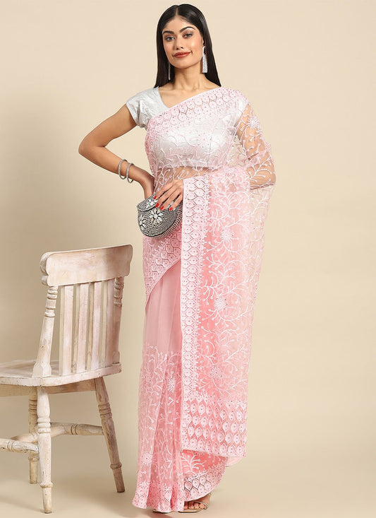 Contemporary Net Pink Embroidered Saree