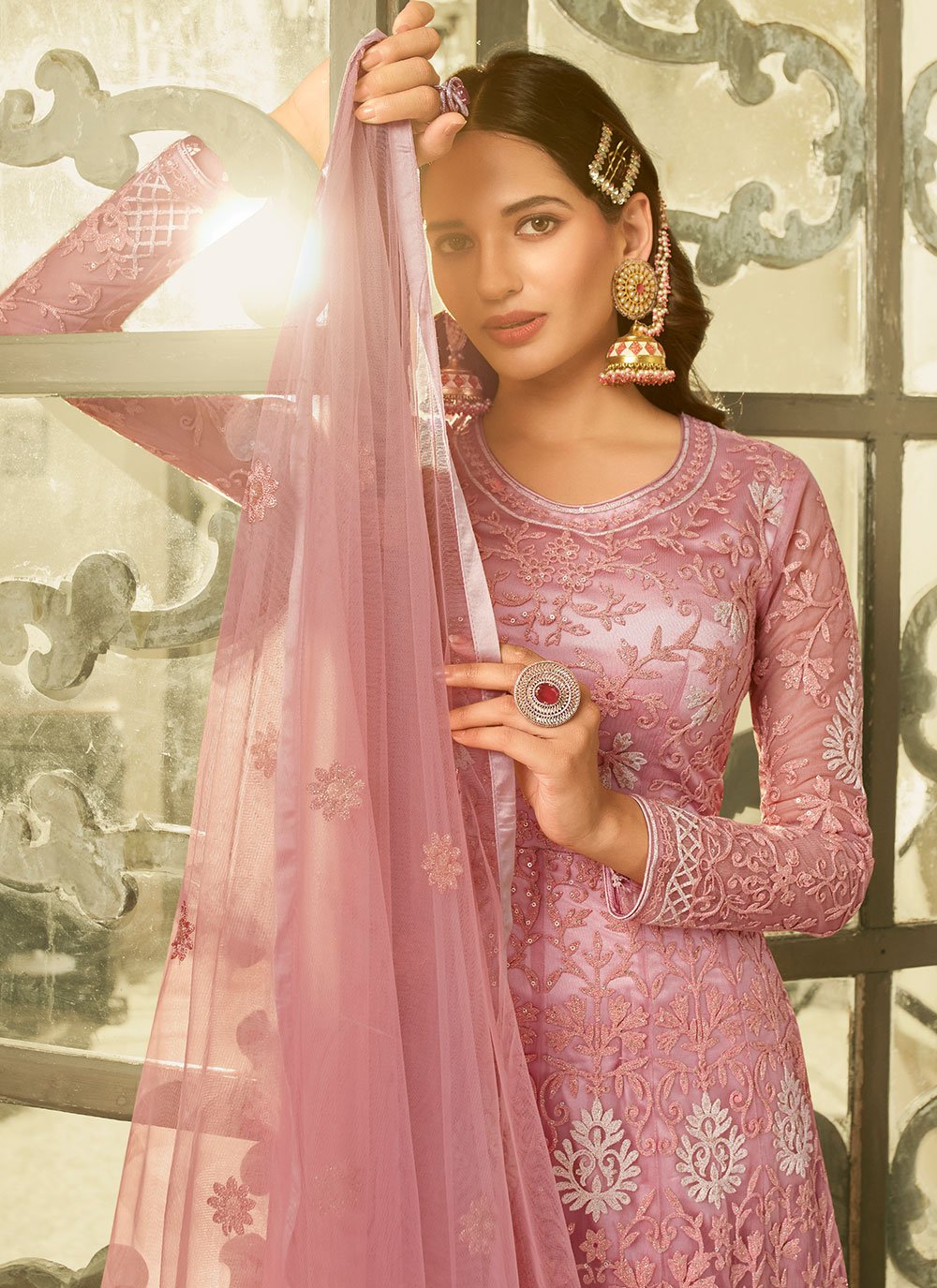 Anarkali Suit Net Pink Embroidered Salwar Kameez